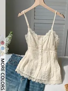 Women's  Solid Color Crinkled Textured Lace Trim Camisole Top, Fitted, V Neck, Adjustable Spaghetti Straps, Sleeveless, Summer Daily Casual Vacation Date Home Wear