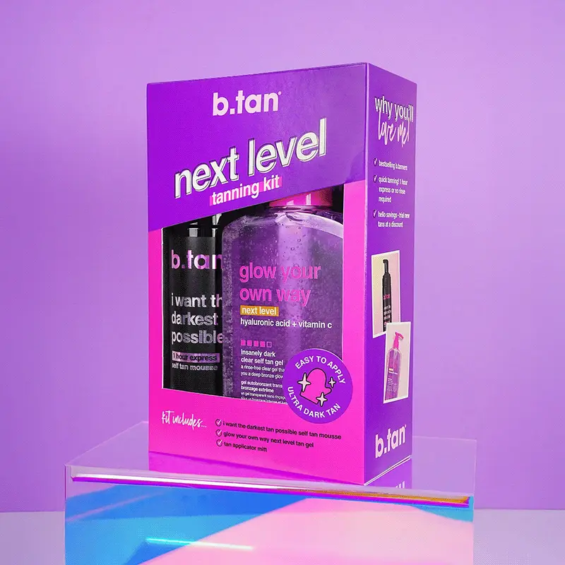 b.tan Next Level Self Tanning Kit - Ultra Dark Duo Pack Mousse & Clear Gel, Hydrating 1-Hour Express Sunless Foam, Transfer-Resistant, Double-Sided Mitt, Vitamin C & Hyaluronic Acid, Natural DHA, All Skin Types Body Care Gift