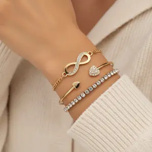 3Pcs 18K Gold Plated Bracelet Set for Women, Rhinestone Infinity Symbol, Tennis Chain and Open Bangle, Elegant Fashion Jewelry for Daily Party, Gift for Girlfriend