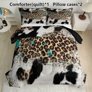 Splatter Leopard Print Bedroom Bedding Set, Includes 1 Comforter & 2 Pillowcases, Boho Animal Decor, Feather Silk Cotton Material