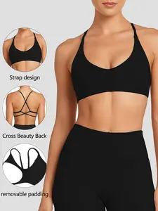 Women's Strappy Cross-Back Bra U-Neckline for Flattering Decolletage and Support Gym Yoga Sports Bra Outdoor Running Sports Bra for Women Removable Pads Cross-Back Design Quick-Dry Training Bra for Fitness Wear