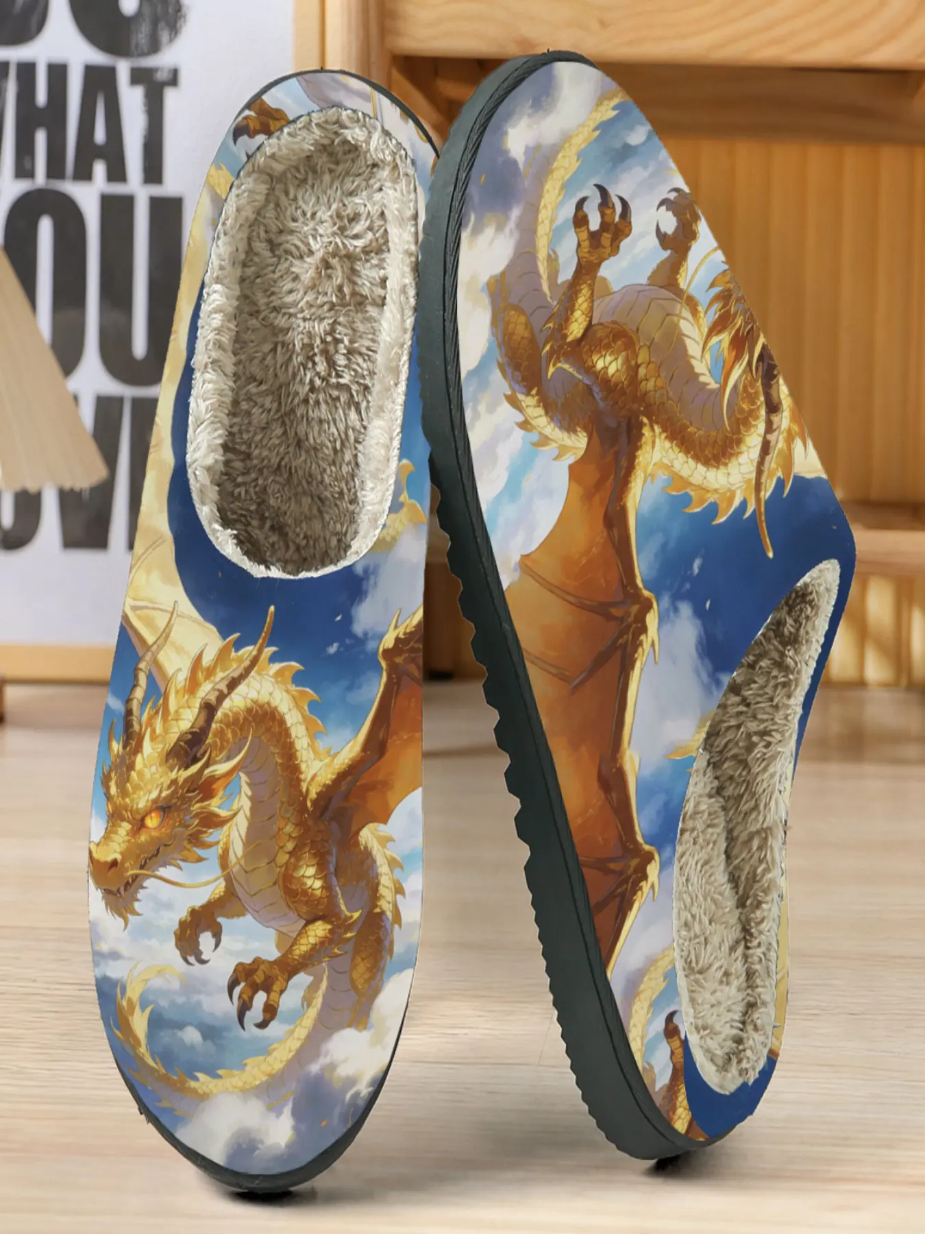 Luxurious Gold Dragon Cotton Slippers, Cloud Sky Background, Golden Scales Design, Soft Plush Lining, Casual Home Wear
