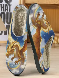 Luxurious Gold Dragon Cotton Slippers, Cloud Sky Background, Golden Scales Design, Soft Plush Lining, Casual Home Wear