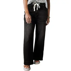 Women's Black Acid Wash Plus Size Jeans – High Waist Denim with Drawstring, Casual Everyday Fit