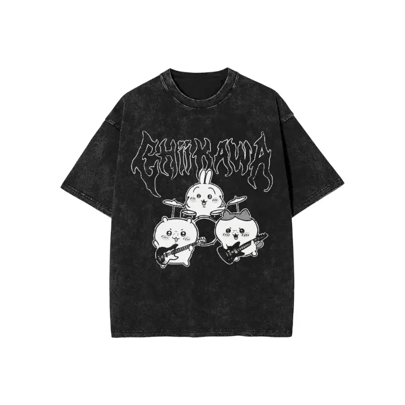 Heavy Metal Chiikawa Usagi Hachiware Vintage Washed T Shirts Streetwear Hip Hop Vintage T-Shirts Tee Shirt for Men Women Cotton Oversize Menswear Top Round Neck Festive