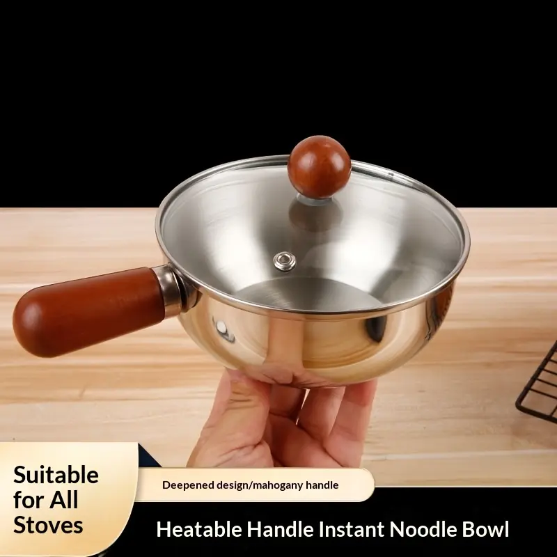 Uncoated 304 Stainless Steel Small Frying Pan Cookware - Heat-Resistant Aesthetic Walnut Handle, Physical Non-Stick Properties
