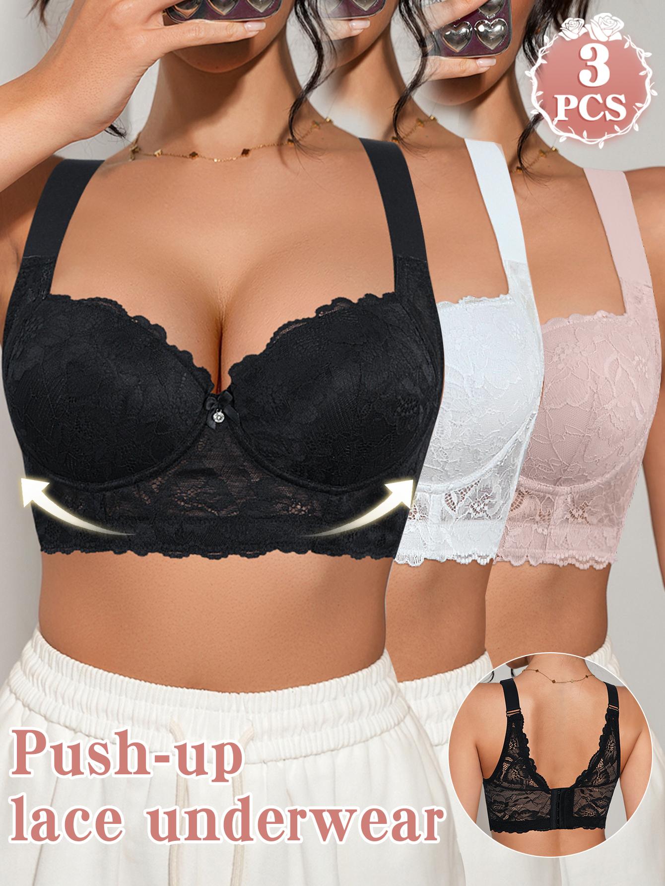 3PCS Lace Underwire Push-Up Bra - Anti-Sag, Wide Adjustable Straps, Comfort Breathable Elegance Elastic Lingerie, Versatile Wear Date Gift Bridal Everyday