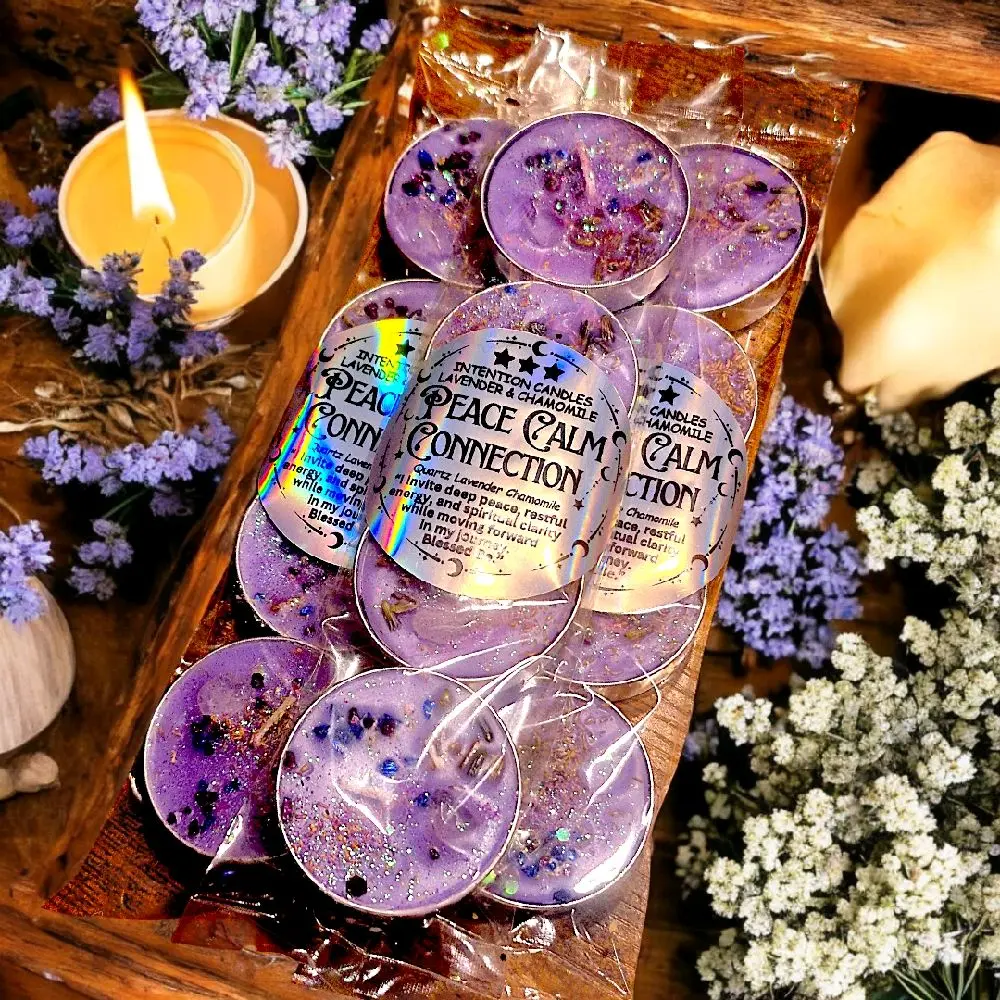 Ritual Intention Candles Peace Calm and Connection/ Crystals, herbs, lavender, and Chamomile