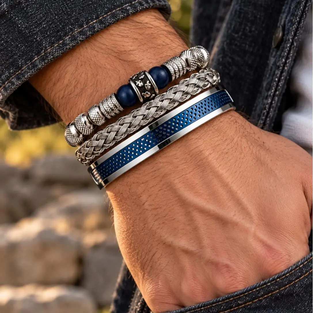 Men's 3-Piece Skull and Tiger Eye Bracelet Set - Handmade Braided, Beaded Stackable Wristbands with Stainless Steel Details, Bracelet Stacks