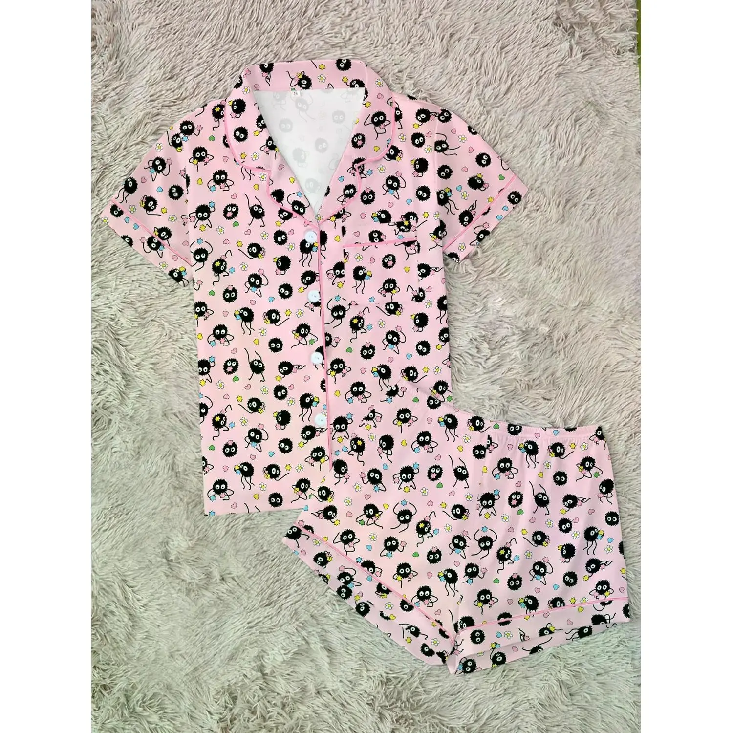 Soot Sprites Women's Cartoon Print Pajama Set, Cozy Two-Piece Sleepwear with Short Sleeve Button-Up Top and Elastic Waist Shorts, Casual Loungewear for Home
