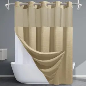 Beige No-Hook Shower Curtain with Snap-in Liner, 230GSM Waffle Weave, for Bathroom, 71W x 74H
