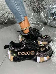 Hot Selling Letter Flat Shoes for Women, Rhinestone Fashion Sneakers Trainer Walking Shoes Sports Shoes, Durian Sole Platform Casual Footwear, Trendy Ladies' Shoe
