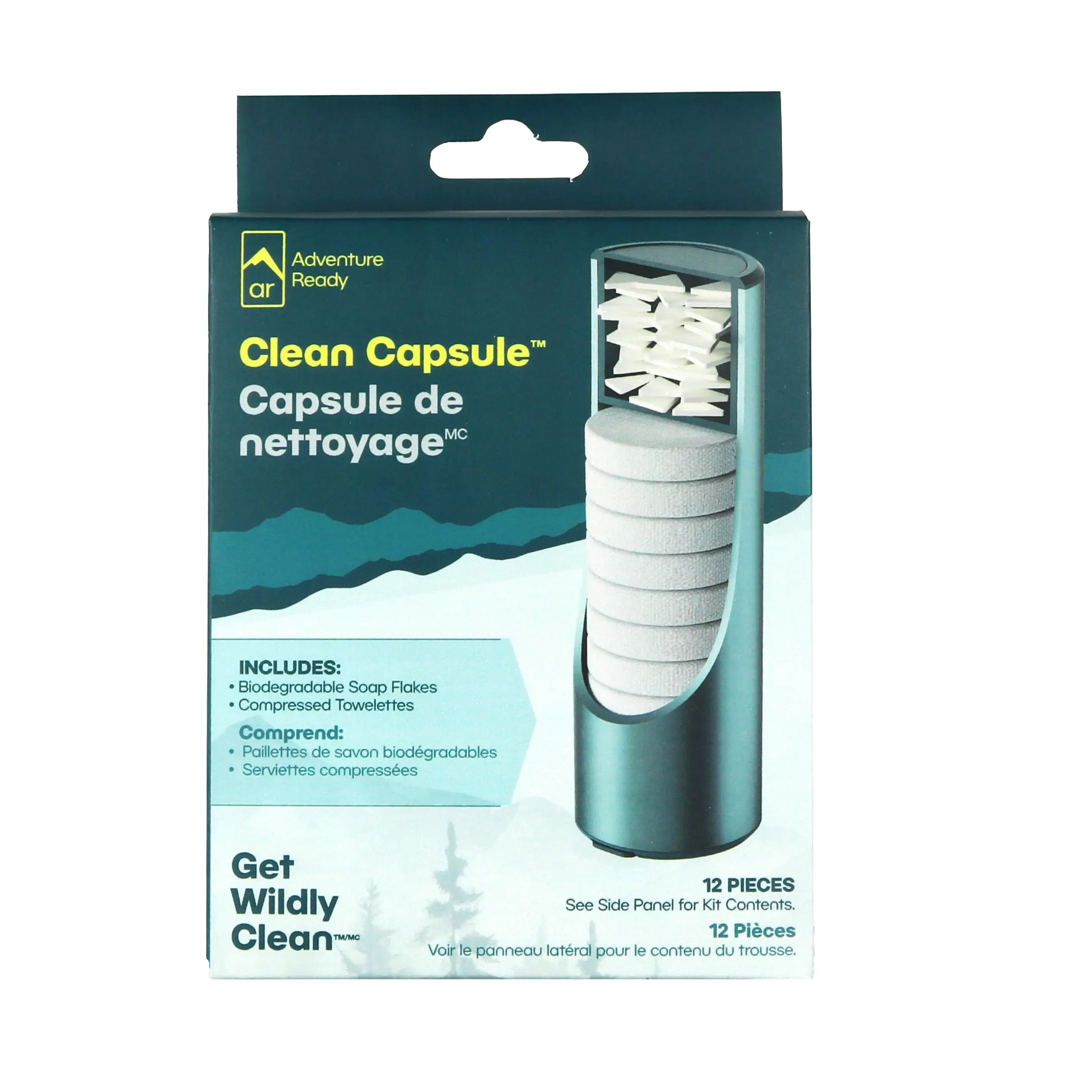 ADVENTURE READY Outdoors Cleaning Capsule - 10g Compact Lightweight Aluminum Pack with Eco-Friendly Biodegradable Soap Flakes, Compressed Towelettes for Camping, Hiking
