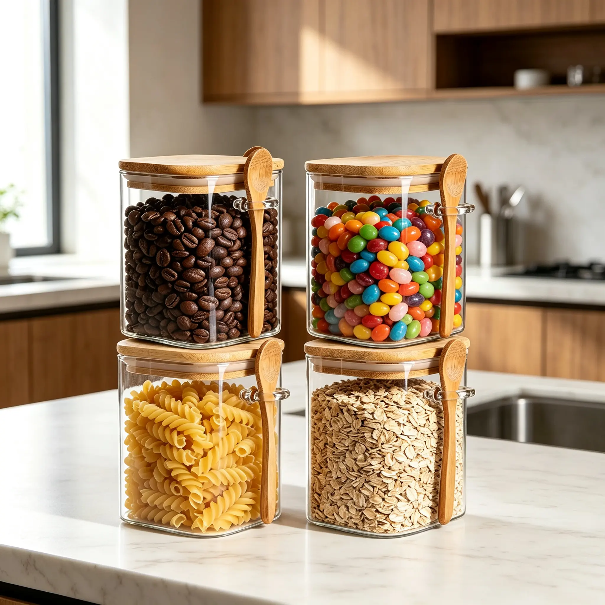 Aesthetic 4-Piece Glass Kitchen Canisters Set, 28oz Airtight Storage Jars with Bamboo Insulated Lids & Silicone Seals, Wooden Kitchen Accessories for Coffee, Sugar Organization High Capacity Container Utensils