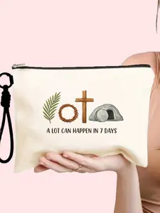Easter-Themed Cosmetic Travel Bag Set, Canvas Makeup Pouch with Detachable Wrist Strap, Large Capacity, Ideal for Christian Gifts