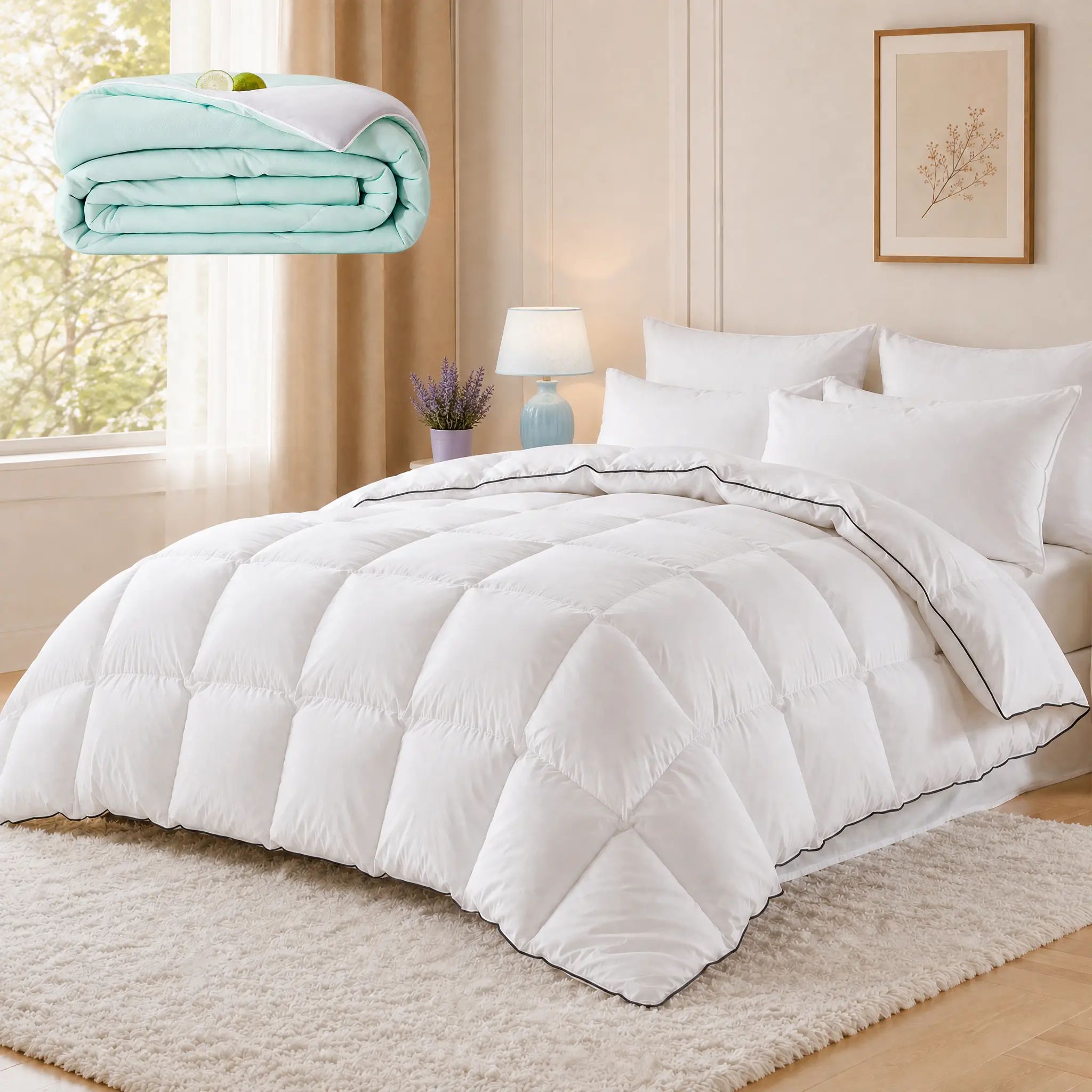 White Cotton Down Comforter All Season – 100% Cotton Shell with Black Piping, Lightweight Fluffy Duvet Insert Box Stitch, Breathable Machine Washable Bed Comforter