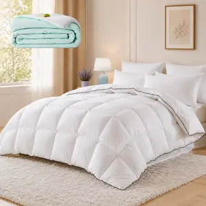 White Cotton Down Comforter All Season – 100% Cotton Shell with Black Piping, Lightweight Fluffy Duvet Insert Box Stitch, Breathable Machine Washable Bed Comforter