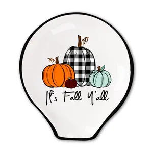 Fall Spoon Rest Plaid Pumpkin Ceramic Spoon Holder Seasonal Sauce Dishes Farmhouse Fall Thanksgiving Coffee Spoon Holder Ring Dish for Stove Top Cooking Utensil Kitchen Office Decor