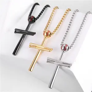Titanium steel round head baseball cross necklace, stainless steel vacuum plated cross pendant men's sports jewelr