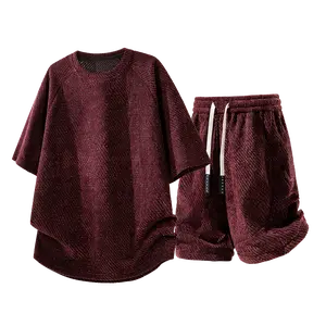 Unisex Loose Fit Fuzzy Short Co Ord Set, Drawstring Knee Length Fashion Pocket Quick Dry Breathable Smooth Casual Street Sporty Athleisure Trendy Daily Adult Summer 2 Piece Lounge Clothing Set
