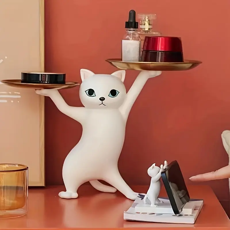 1pc of Creative And Charming Cat Figurine, Resin Craft, Double Tray Storage Ornament, Home Decor Item.