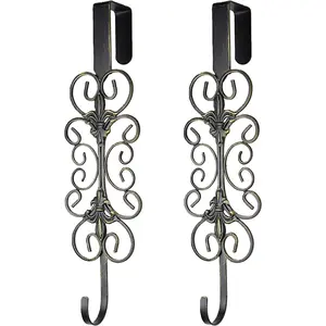 2 PCS Wreath Hangers for Front Door 15.5" Wreath Hook Over The Door Decorative Scroll and Fleur De lis Wreath Holder Antique Brass