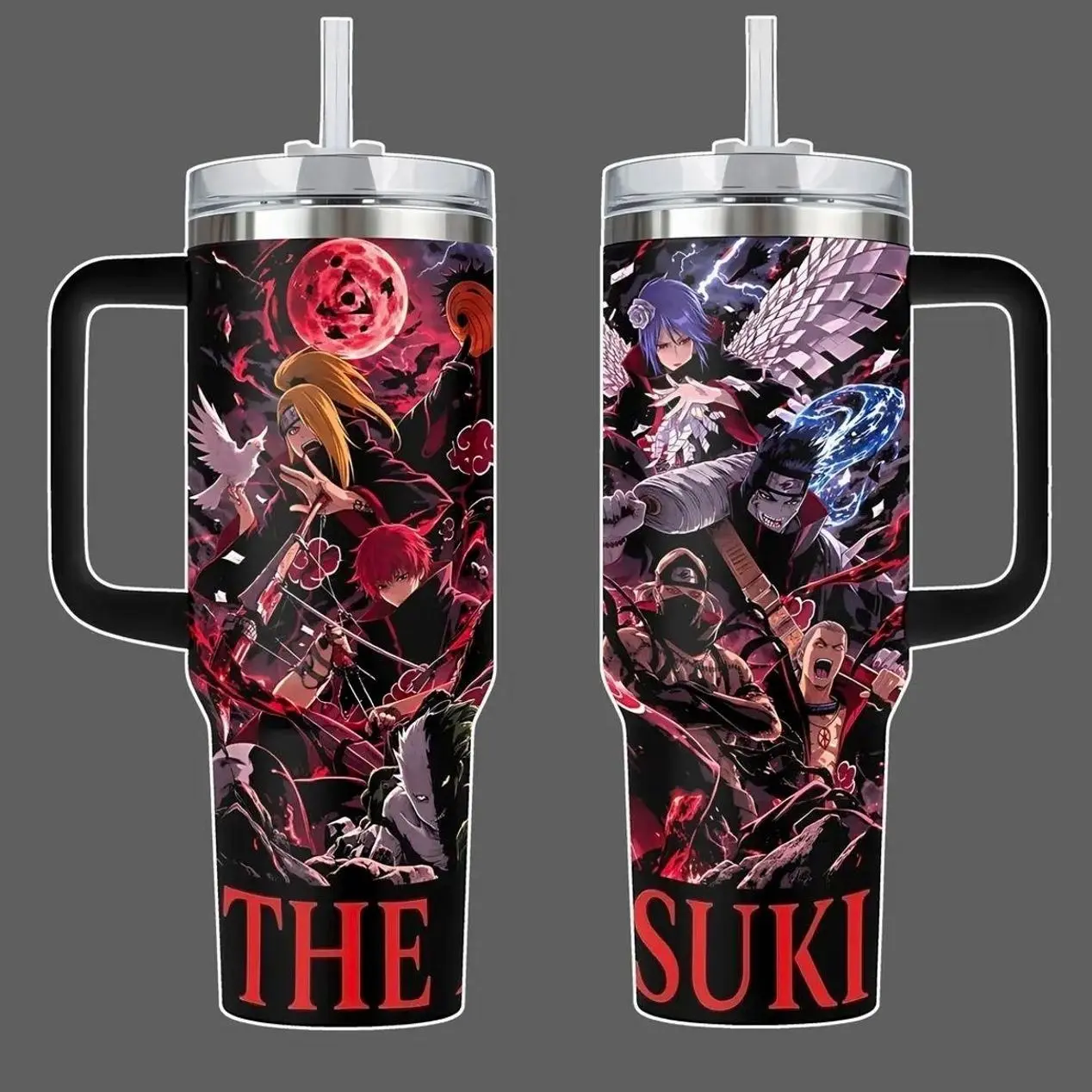 Akatsuki Anime Tumbler With Handle, Red Cloud Organization Wrap Design NRT Stainless Steel Insulated Travel Mug 20oz 40oz