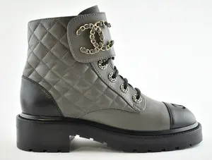Chanel 21A Grey Leather Black Cap Toe Quilted CC Chain Logo Combat Lace Up Tie Ankle Short Boots