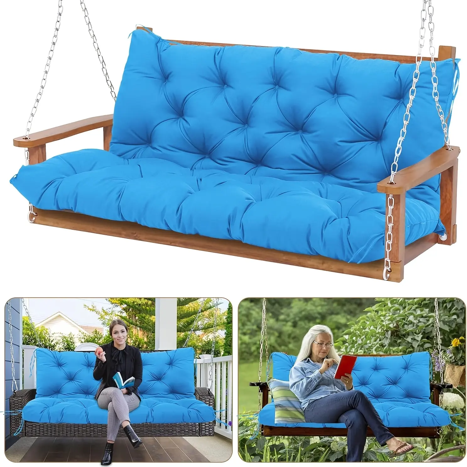 Waterproof Outdoor Swing Suitable for Outdoor Patio Furniture - 60-Inch 3-Seater Peacock Blue with Backrest, Thick 5" Frameless, Goose Fill & Replacement for Garden, Porch, Backyard