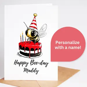 Happy Bee-Day Birthday Card | Personalized Bumble Bee Card | Custom Name Greeting Card | Cute Bee-Themed Birthday Card | Handmade on Premium Cardstock