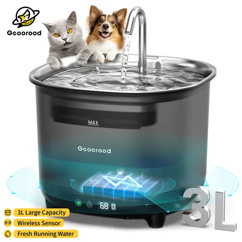 Geoorood Cordless Automatic Water Feeder for Indoor Dogs & Cats - 3L Large Capacity Fountain, 5000mAh Battery-Operated Motion Sensor, Ultra-Quiet Pump, BPA-Free Parts, Easy to Assemble & Clean, Bathroom-Ready, Place Anywhere