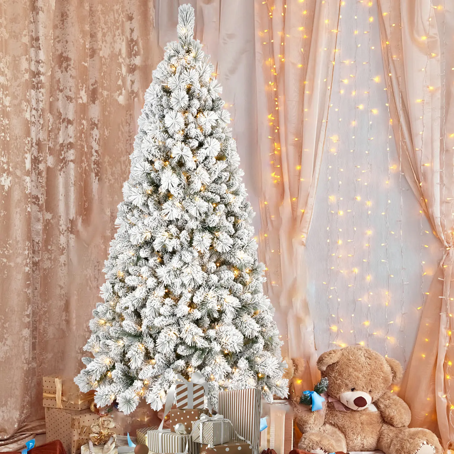 Magical 6FT Conical Flocked Classic Christmas Tree - 350 Warm White LED Lights, 752 Tips, Snowy PVC & Hard Needle Branches, Hinged Design, Strong Metal Stand, Easy Install, Indoor Home Festive Decoration Supply