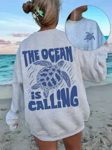 Ocean Life Turtle Letter Print Fleece Pullover Hoodie, Fall Winter New Animal Alphabet Print Retro Casual Holiday Sweatshirt