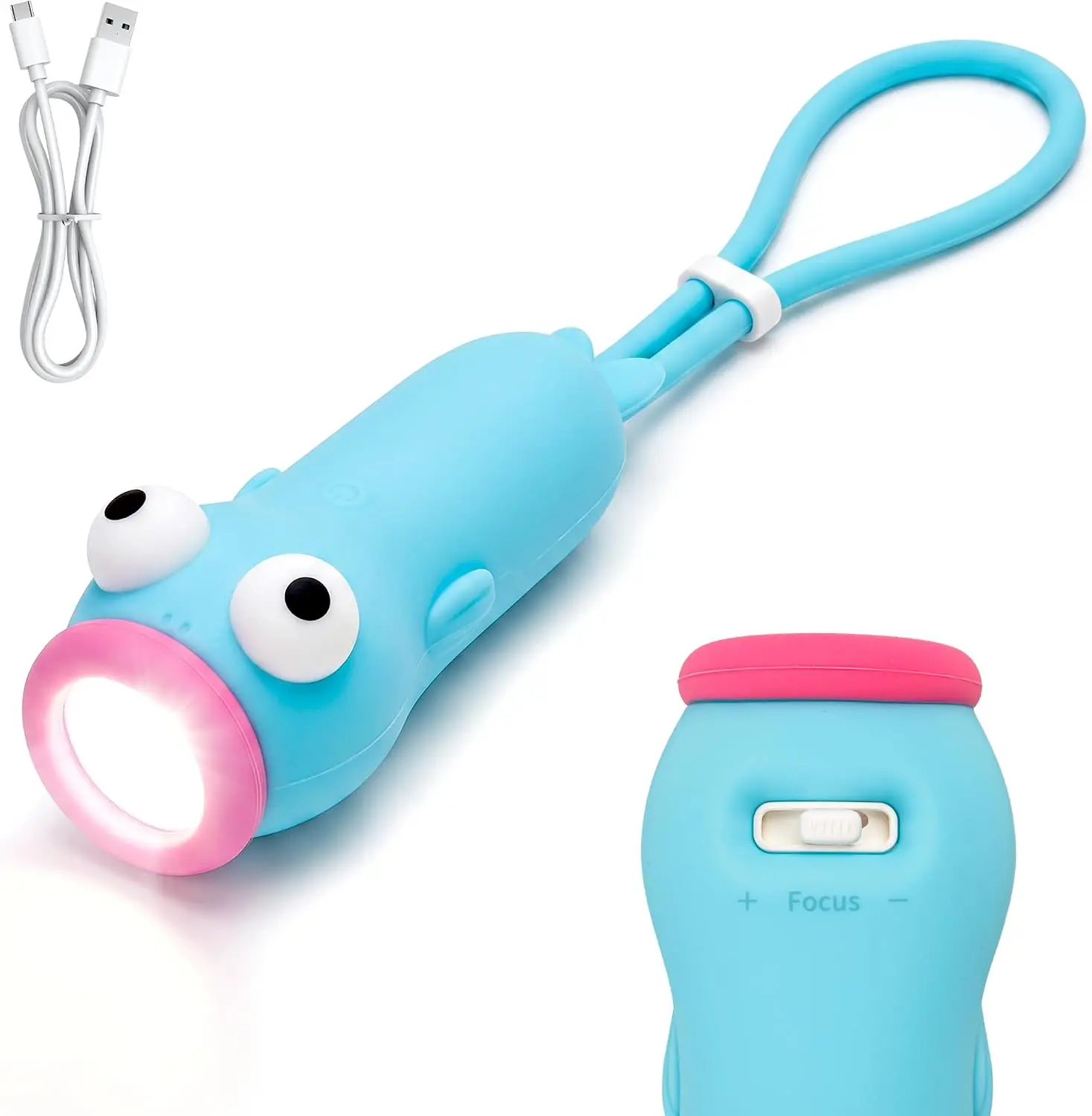 UNEEDE Kids Flashlight Rechargeable, Cute Silicone LED Flashlight for Boys Girls, Night Light with Stepless Dimming & Adjustable Focus, Glow in the Dark for Camping Outdoor Adventure (Fish)