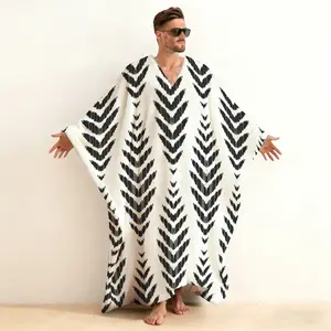 Men's V-Neck Plush Abstract Willow Catkin Print Kaftan, Ethereal Botanical Graphic Fleece Robe, Soft Brushed Cotton Long Sleeve Open Front Loungewear, Artistic Home Sleepwear for Men