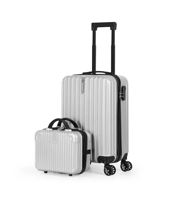 2PCS Lightweight Rolling Luggage Set, 20″ + 14″ Silver Luggage with Hook
