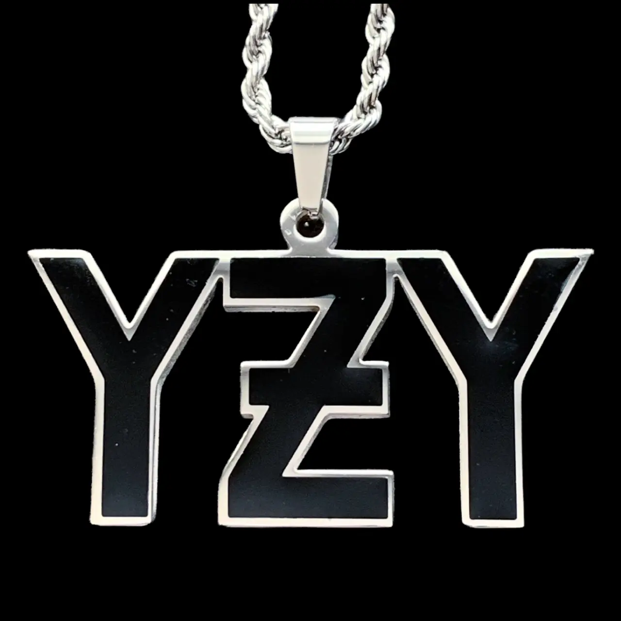 Black YZY Necklace - 1.5" Mirror Polished Stainless Steel Yeezus Pendant with Laser Carved Hard Enamel & Choice of Chain Free Gift Included