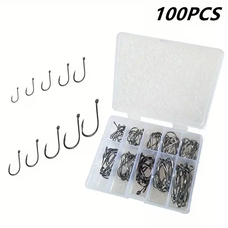 Advanced Barbless Fishing Hooks Set, 100 Mixed Sizes, Durable Carbon Steel, Sharp Point Design, Ideal for Freshwater and Saltwater Fishing, Fishing Equipment