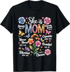 She Is Mom Bible Verses Christian Boho Floral Mother's Day T-Shirt- Digital Print, Fitted Short Sleeve, Medium Length, Hand Wash Only, Versatile for All Seasons - Fabric, Clothes