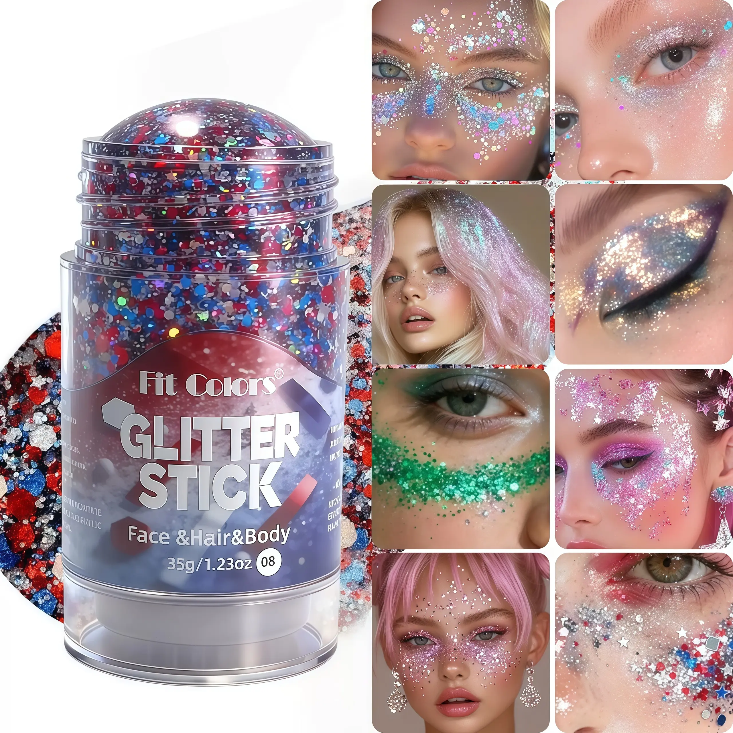Red White and Blue Face Body Glitter Stick with Star Sequins,4th of July Accessories Outfits for Women,Fourth of July Patriotic 250th Anniversary Glitter Stick,Softball Baseball Glitter Makeup