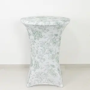 Spandex Cocktail Table Cover – Dusty Sage Green & White French Toile, 30" Round Highboy Stretch Fitted Tablecloth