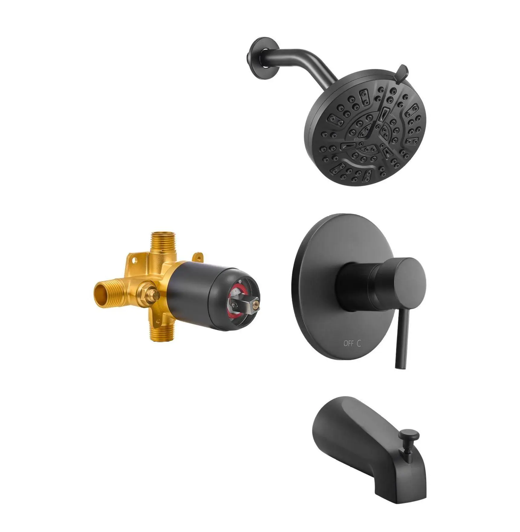 Matte Black Tub and Shower Faucet Set, 5-Inch Rainfall Shower Head, 8-Setting Adjustable Spray, Single-Handle Tub Spout, Brass Valve Default