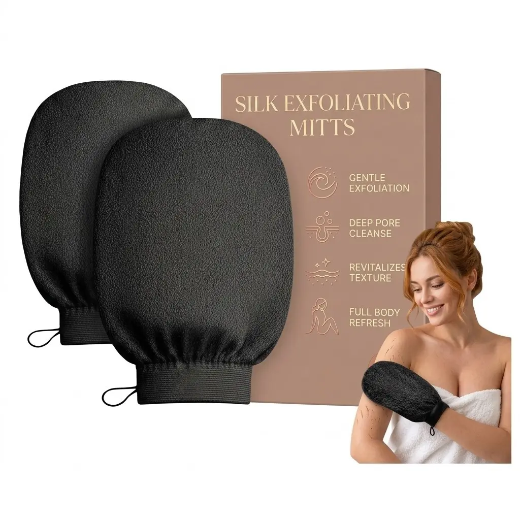 2 Pcs Exfoliating Gloves , Korean Body Scrub Mitts, Dead Skin Remover Shower Gloves, Body Exfoliator Scrubber for Smooth Skin, Moroccan Style Bath Mitt, Deep Cleansing Skin Care Glove for Women & Men (Black)