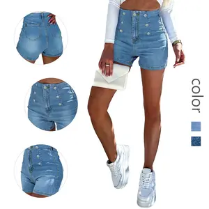 Women's Light Wash High - Waisted Denim Shorts with Button Detail