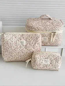 Floral Pattern Makeup Bag Set, 1 Set/ Portable Travel Cosmetic Storage Bag, Zipper Makeup Organizer Pouch, Versatile Storage Bag for Travel, Dormitory, Home, Travel Cosmetic Bags