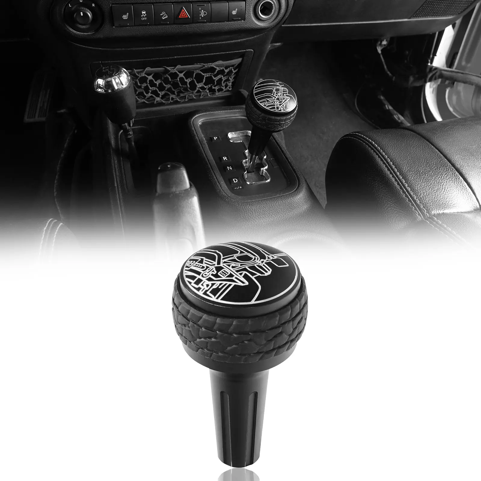 Hooke Road Anodized Black Aluminum A/T Shift Knob - Bolt-On Installation, Extra Grip, Soft Tire Tread Insert, Instruction Manual Included - Interchangeable Auto Accessory for 2011-2018 Jeep Wrangler JK Automatic Transmission Vehicles