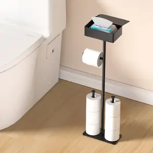 Freestanding stainless steel toilet paper holder with top storage box, can hold multiple spare rolls, black