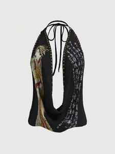 SHANIAH Grunge Punk Spring/Summer Graphic Bustier Fishbone Seam Allover Print Fitted Crop Top
