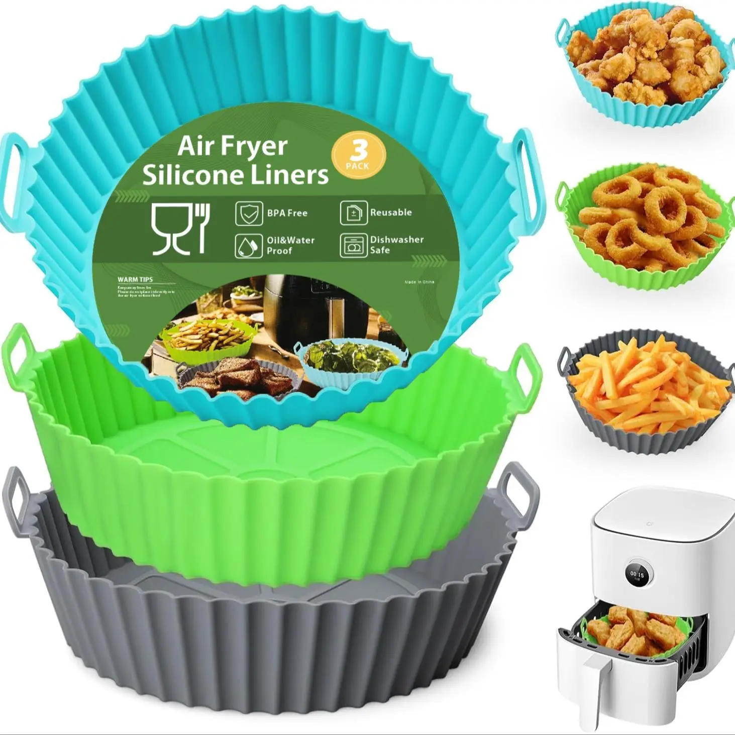 Air Fryer Silicone Liner, 3 Counts Reusable Food Grade Air Fryer Basket Liner, Baking Tray, Air Fryer Silicone Mat Accessories Kitchen