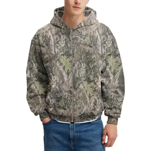 Burtell Mens Camo Zip Up Hoodies Oversized Fleece Camouflage Maple Leaf Graphic Hooded Sweatshirts Fall Hunting Jackets